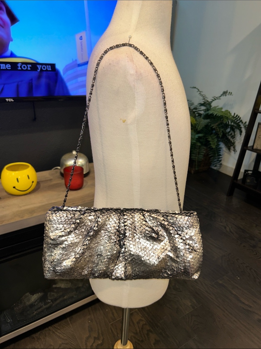 Jessica McClintock Silver Sequin Evening Clutch with Chain Strap